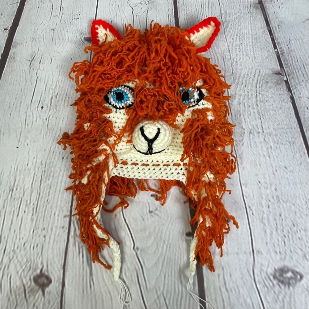 Fun red alpaca llama animal knit novelty costume ski hat with ear flaps, OS